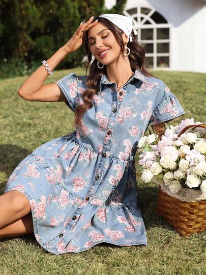 SHEIN Holidaya Women's Rose Flower Print Elegant Casual Ruffle Hem Denim Dress