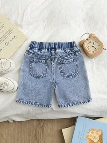 男童夏季卡通刺绣休闲牛仔短裤，轻薄透气，穿着舒适，适合外出、聚会、居家、节日等场合。 - 淺色水洗藍 - 查看 2