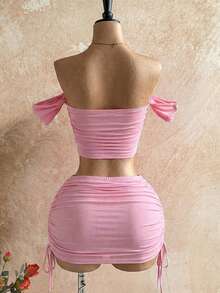 Soleia Women's Vacation Beach Solid Color Off-Shoulder Cropped Top And Mini Skirt 2-Piece Set - Baby Pink - View 2