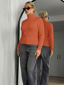Bethéva Women's Solid Color Turtleneck Long Sleeve Fleece Casual Sweater For Autumn And Winter,Long Sleeve Tops Knit Pullover Fall Outfit - Burnt Orange - View 5