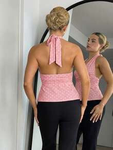 Bethéva Women's Halter Deep V-Neck Ruched A-Line Polka Dot Backless Camisole - Pink - View 2