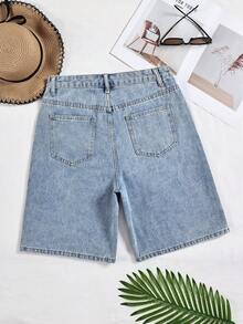 SHEIN 时尚休闲铆钉女式直筒牛仔短裤 - 淺色水洗藍 - 查看 5