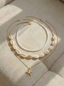 Resyla 3 件波西米亚海洋风格美人鱼贝壳和仿绿松石海星吊坠串珠项链套装，适合女性日常和海滩度假装 - 米色 - 查看 2