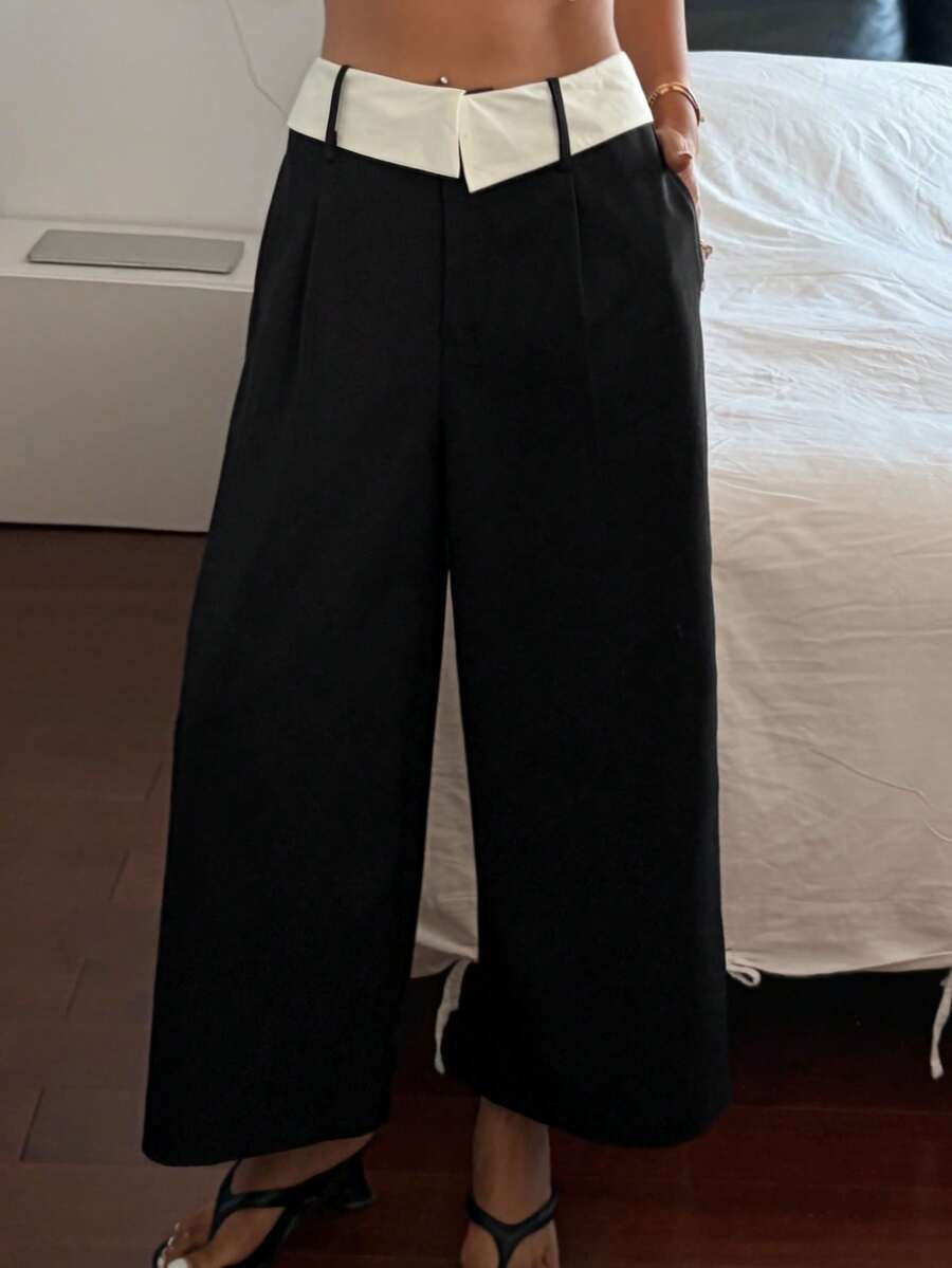 DAZY 撞色腰带直筒七分裤，女士休闲西装裤，春夏款 - 黑色 - 查看 1