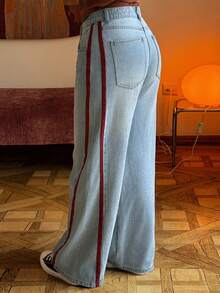 Dazy Plus Light Wash Blue Contrast Tape Patchwork Loose Wide Leg Jeans, Street Style, All Season - Light Wash - View 8