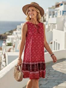 Faunlyn 假日印花拼接無袖連身裙，配流蘇下擺 - 彩色 - 查看 4