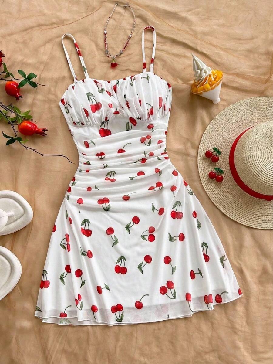 SHEIN Đầm không tay in hình quả anh đào dễ thương, ngọt ngào dành cho bé gái tuổi teen. - Hồng - Xem 1