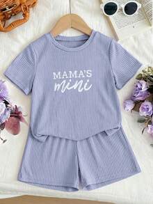 年輕女孩字母圖案短袖T恤和短褲 - 紫色 - 查看 7