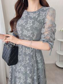 FRIFUL 女士圆领全蕾丝优雅通勤A字连衣裙，夏季长款连衣裙 - 灰色 - 查看 1