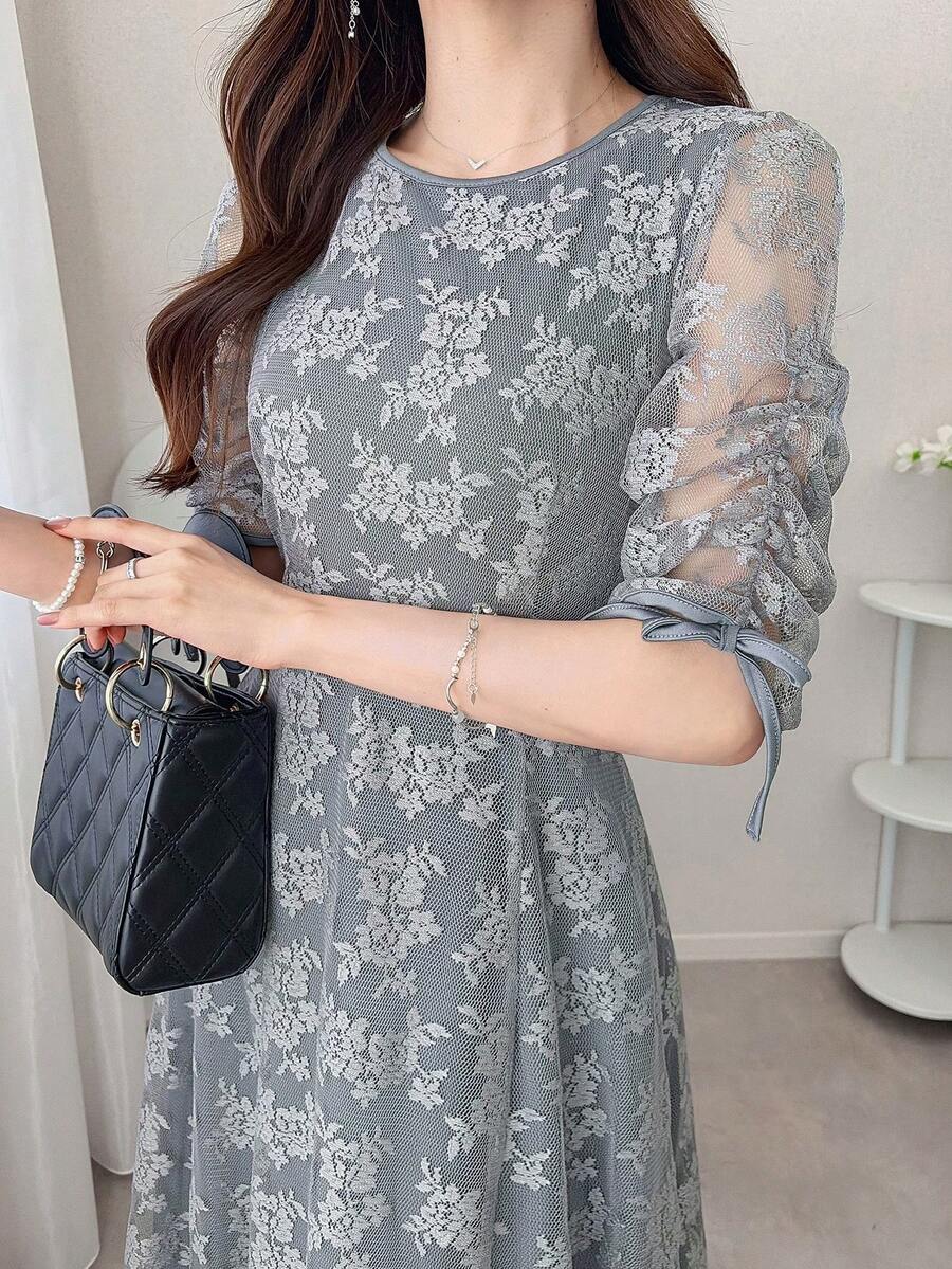 FRIFUL 女士圆领全蕾丝优雅通勤A字连衣裙，夏季长款连衣裙 - 灰色 - 查看 1