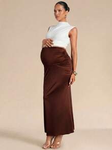 MaterniChic Maternity Summer Pregnant Brown Skirt, Fitted Straight Skirt With Pleats, Elegant - Mocha Brown - View 2