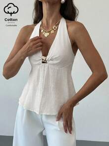Aloruh Women's Linen Metal Decor Waist A-Line Shirt, Spring/Summer,Summer Top - White - View 6