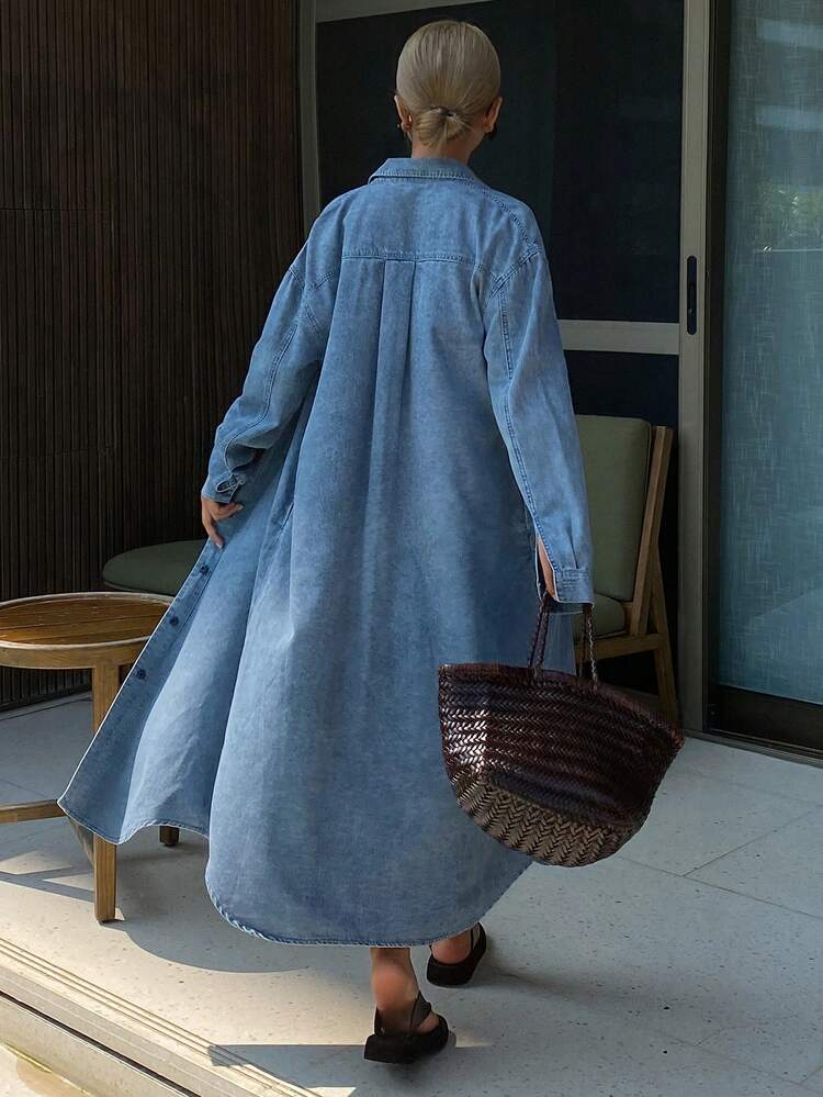 Women's Casual Washed Pocket Denim Shirt Dress, Spring/Summer,Wedding Guest Dress Women