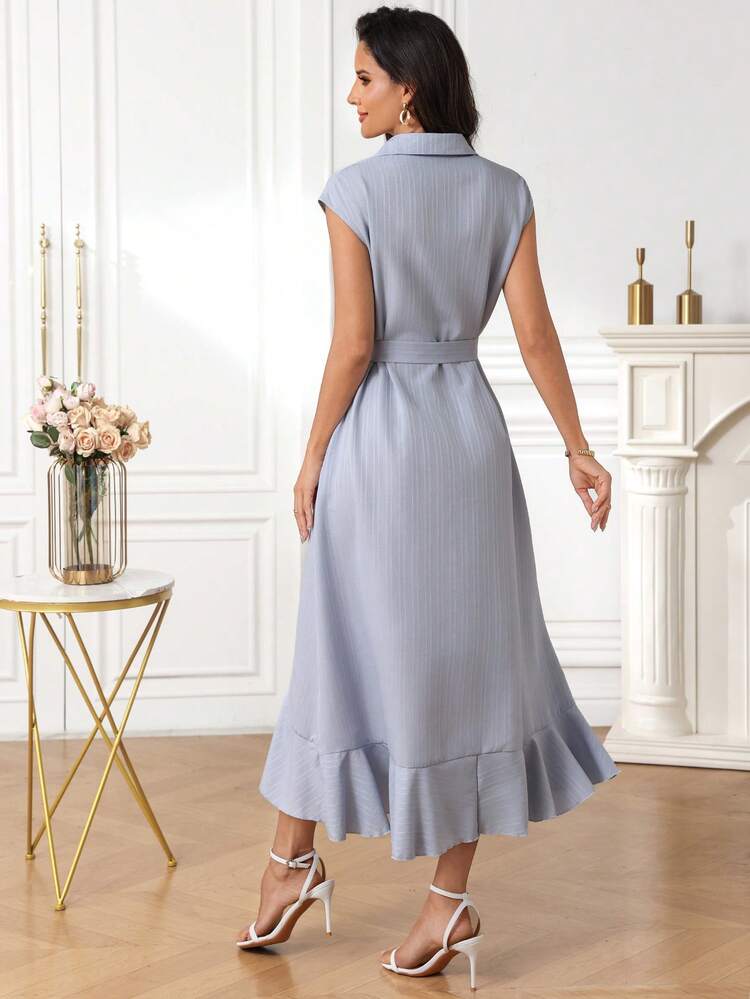 Women's Casual Solid Color Button Front Mid-Length Dress, Summer,Office Outfits For Women,Work Outfits For Women,Vacation Dresses,Summer Holiday Outfits,Casual Dresses For Women,Graduation Outfit For Mother,Summer Outfits For Women,Summer Dresses For Women