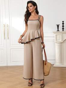 Miaspire 女士度假休闲撞色滚边不对称下摆吊带背心和裤子两件套 - 黑與白 - 查看 6