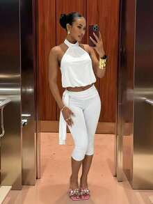 Slaydiva New Early Spring, Spring And Summer Music Festival, Valentine's Day, Easter Casual, Simple And Basic Style, Y2K Street Sweet, Best-Selling, Daily Date, Hot Girl Style, Sexy, Sporty And Stylish Style, Halter, Backless, Flower Bud Top, Sleeveless Vest + Tie, Bow, Waist, Seven-Inch Pants, Slimming Pants, White Set, Women's Two Pieces Set -A - White - View 7