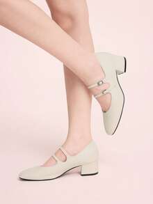 CUCCOO DOLLMOD Giày Mary Jane màu trắng, giày nữ mũi tròn hai quai, gót dày và cao. - Màu be - Xem 5