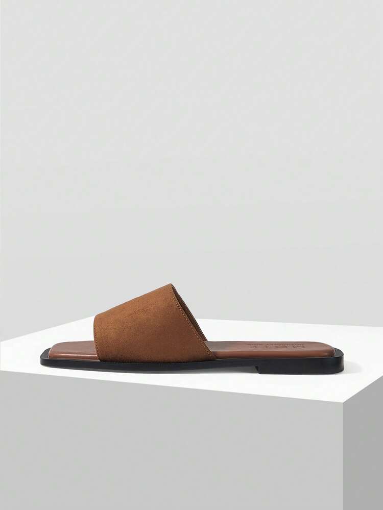 WOMEN SHOES SUMMER EXPLOSION RETRO FASHION BROWN SUEDE SEXY SQUARE TOE OPEN-TOED FLAT-BOTTOMED SANDALS, SIMPLE AND ATMOSPHERIC SLIP-ON VERSATILE CASUAL COMFORTABLE LIGHTWEIGHT HIGH-END BEACH SANDALS