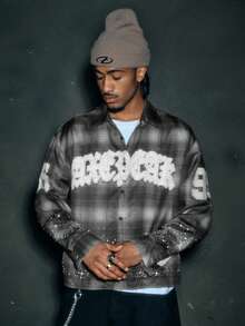 AXEPEAK Men's Casual Shirt Loose Cropped Fit Rhinestone Embellished Top - Grey - View 1