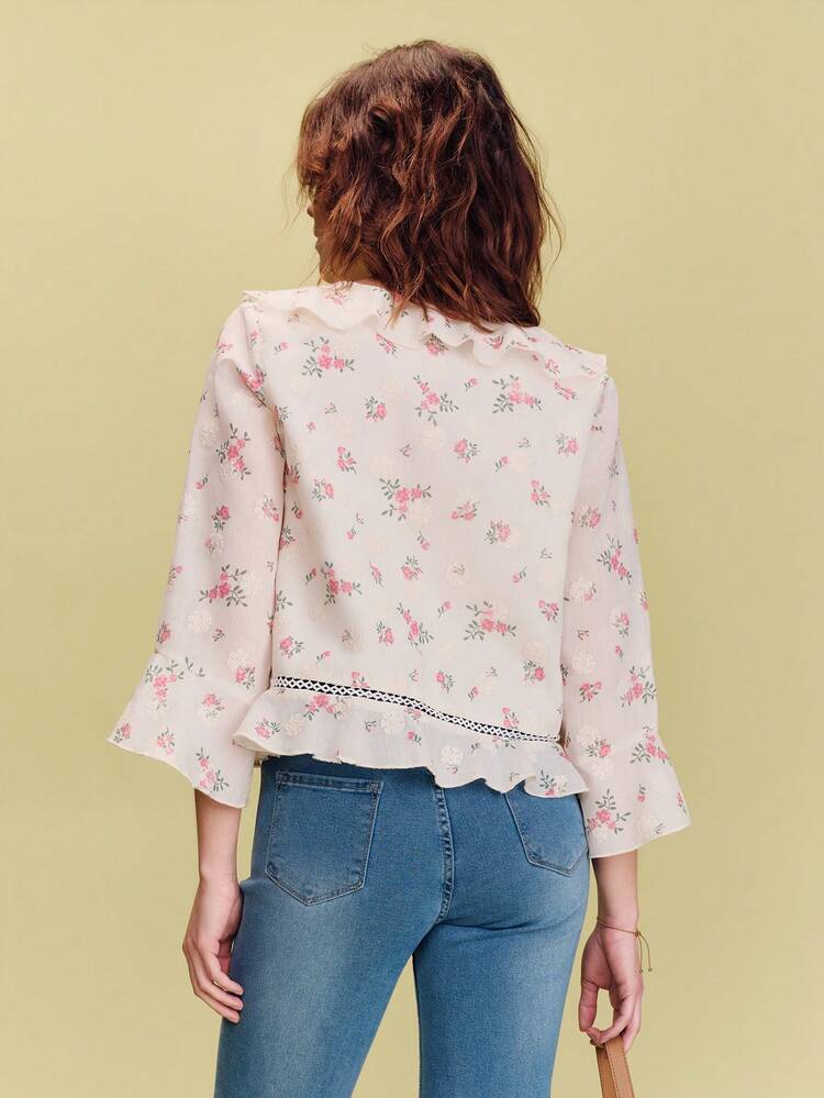 Blusa blanca romántica con flores rosas bordadas e impresas, con volantes, estilo lindo de primavera y verano con estilo francés y parisino