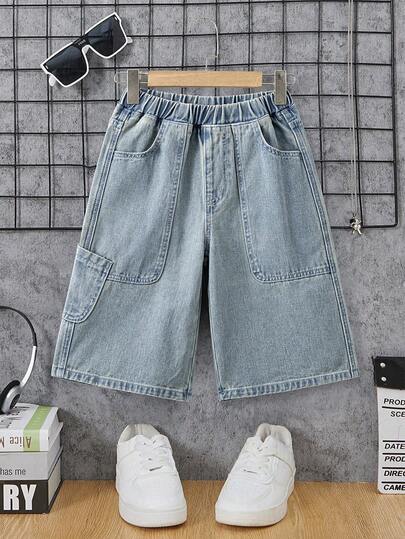 Plus Size Boys' Casual Vintage Washed Denim Shorts With Multiple Pockets, Light Blue