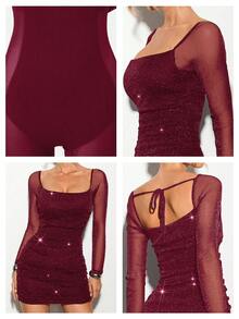 Nuvra 女士长袖闪亮金属色二合一塑身连衣裙，内置胸垫，休闲双层收腹提臀紧身迷你连衣裙，后背交叉系带领口，派对装 - 酒紅色 - 查看 2