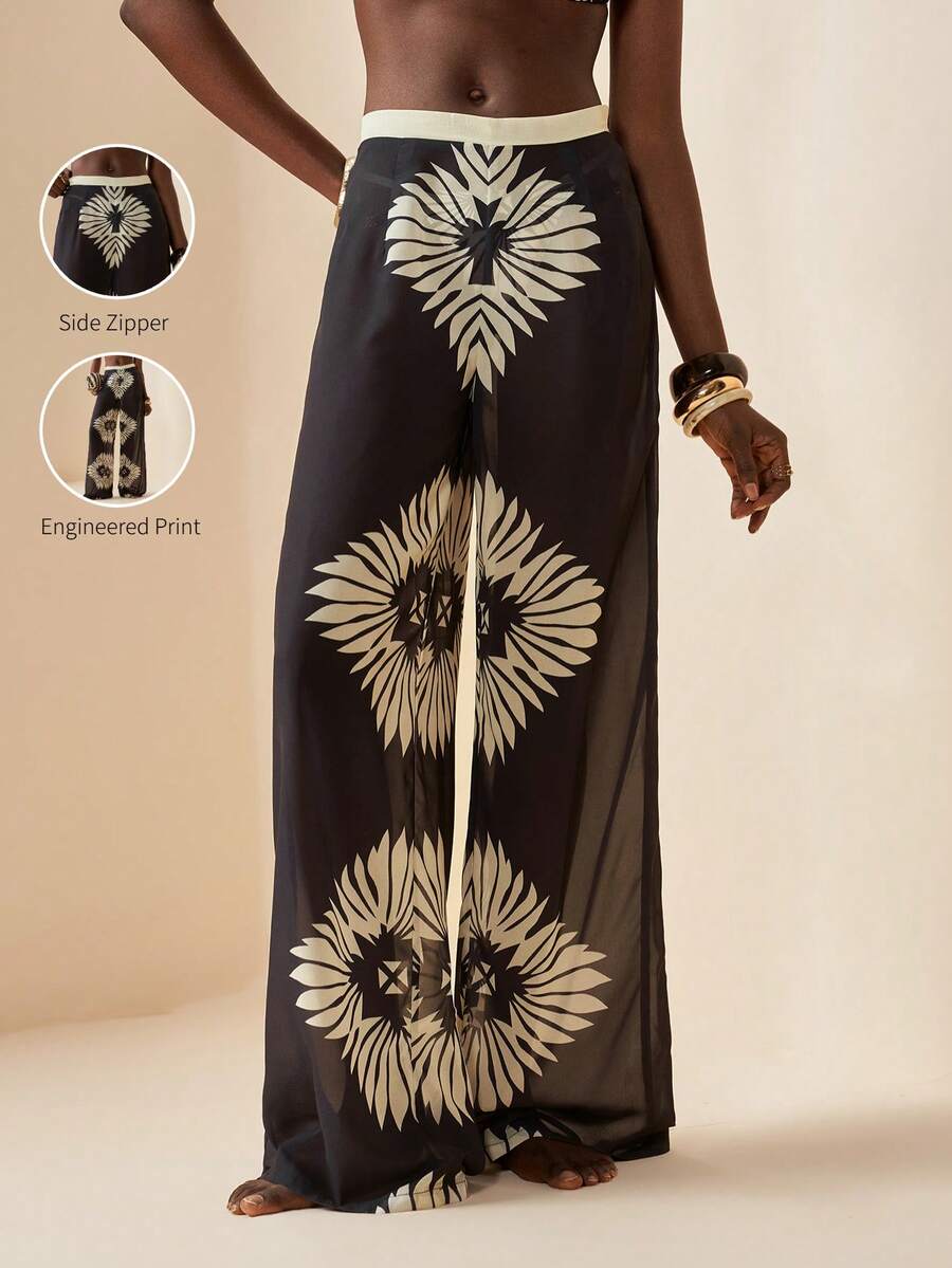 Zivah Women's Floral Print Casual Beach Cover Up & Pants Set - Black - View 1