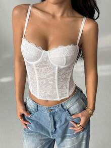 SHEIN PETITE Lace Sheer Camisole Top, Party, Date, Commute, Cute Bralette, Club Corset Strapless Summer Tops, For Women, Autumn/Winter Undershirt ,Petite Women - White - View 3