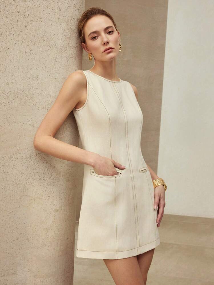 LINEN COLORBLOCK SLEEVELESS SHORT DRESS, CASUAL WEAR & DATE