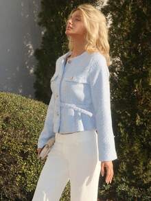 Sydney Algeri 粗花呢面料，收腰装饰，优雅精致百搭时尚设计女式夹克 - 藍色 - 查看 4