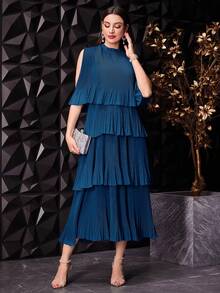 Modelyn Women Summer Solid Color Cape Sleeve Dress With Mushroom Collar Multi-Layer Ruffled Hemline Elegant Mature Design Evening Wedding Dinner - Blue - View 7