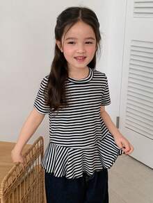 Hapijoa 女童条纹圆领套头T恤，女童秋季夏季服装 - 黑與白 - 查看 4