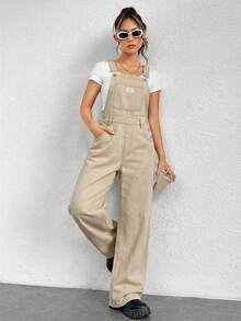 SHEIN EZwear 女士纯色贴袋休闲牛仔背带连体裤 - 卡其色 - 查看 4