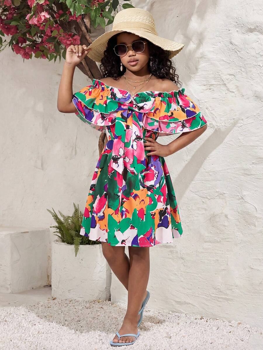 SHEIN Tween Girl Matching Floral Print Off Shoulder Ruffle Short Dress Tween Girl - Multicolor - View 1