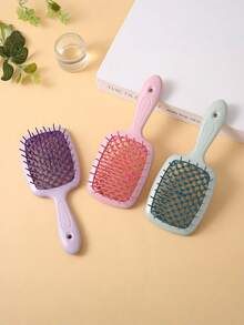 1PC Wide Tooth Comb Mesh Design Hollow Detangling Hair Brush Color Blocking For Wet Dry Hair Styling Salon Home Travel Hair Care Essentials - Pink - View 4