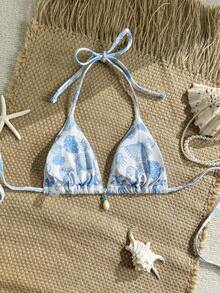 Swim Mod 夏季度假随机印花罗纹贝壳装饰三角罩杯性感女士吊带背心波西米亚风比基尼套装波西米亚风泳装贝壳比基尼波西米亚风泳衣女士三角比基尼上衣比基尼套装女士沙滩装女士比基尼女士比基尼套装女士泳装夏季女士沙滩装 - 彩色 - 查看 2