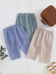 SHEIN 3件套男女宝宝通用服装，男宝宝休闲可爱百搭条纹缎带装饰松紧腰裤套装 - 彩色 - 查看 2