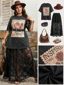 SHEIN LUNE 两件套加大码套装：复古印花T恤和蕾丝中长裙 - 彩色 - 查看 9