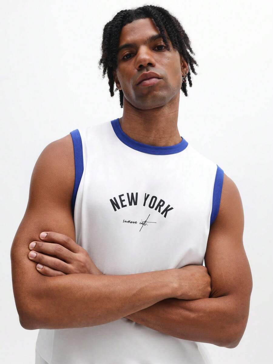 SUMWON Áo tank top nam bằng cotton, không tay, cổ tròn, in chữ New York, kiểu dáng mùa hè, áo thun ôm sát người, viền xanh dương. - Xanh và trắng - Xem 1