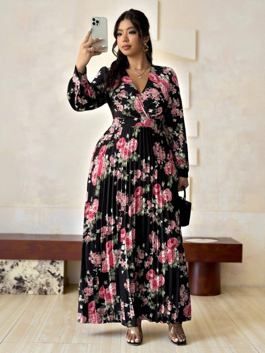 Elenzga 大码女式优雅浪漫碎花长袖 V 领褶皱飘逸长裙，适合派对、婚礼、春秋季 - 彩色 - 查看 1