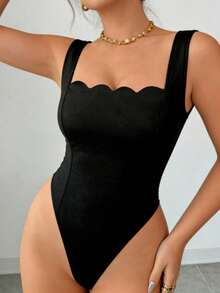 SHEIN LUNE 荷叶边领修身连体裤，显瘦显瘦款式，欧美时尚 - 黑色 - 查看 1