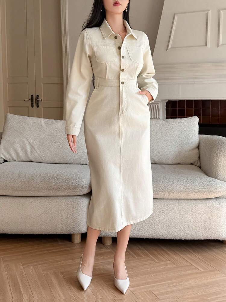 Women's Casual Denim Dress With Pockets, Spring/Autumn,Wedding Guest Dress Women