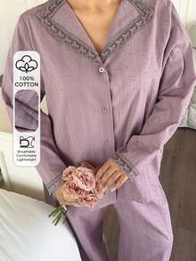 Dazy Plus Casual Textured Fabric Contrast Lace Elegant Long Sleeve Top And Loose Straight Leg Pajama Pants Set, Spring/Autumn - Purple - View 1