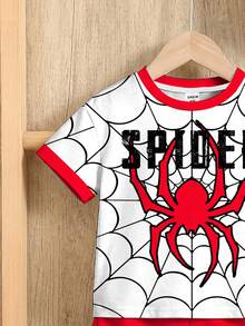 SHEIN 男童休闲宽松舒适经典时尚蜘蛛印花运动拼接短袖T恤，适合夏季穿着 - 彩色 - 查看 4