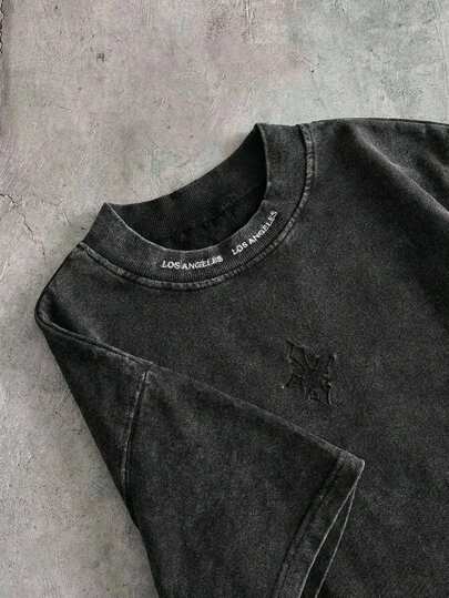 AXEPEAK Men's Casual Loose Short Sleeve T-Shirt, Black, Standard Size, Embroidered, Washed