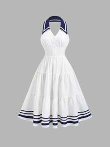 Sweetra New Spring/Summer Women's Dress With Design Elements, Retro Chic Vibe, Fitted Silhouette, Elegant Academic Style, Versatile & Comfortable, White Color - White - View 1