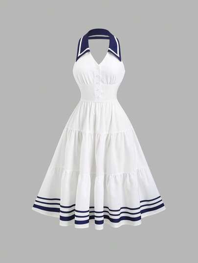 Sweetra New Spring/Summer Women's Dress With Design Elements, Retro Chic Vibe, Fitted Silhouette, Elegant Academic Style, Versatile & Comfortable, White Color