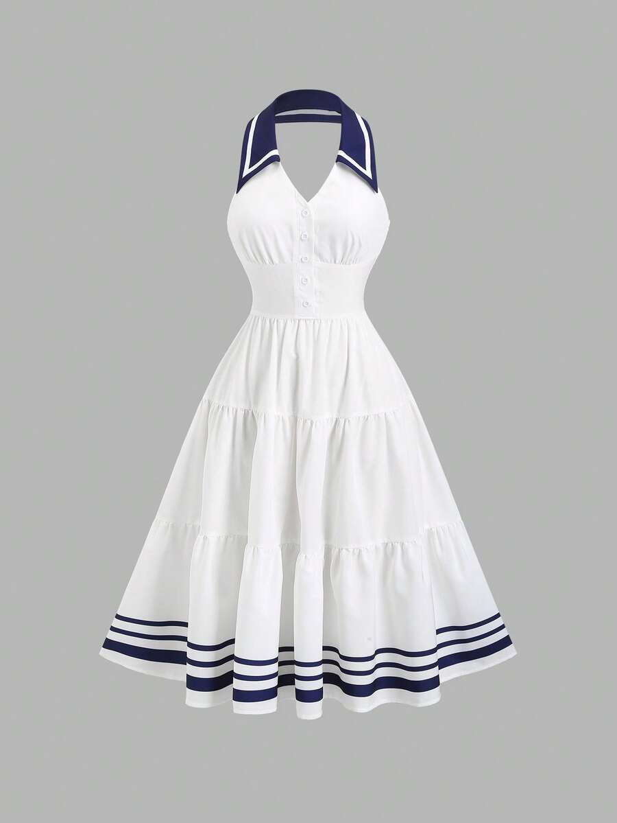 Sweetra New Spring/Summer Women's Dress With Design Elements, Retro Chic Vibe, Fitted Silhouette, Elegant Academic Style, Versatile & Comfortable, White Color - White - View 1