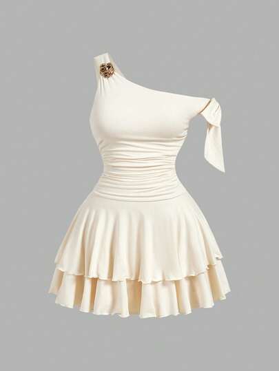 SHEIN MOD Plus Size Women Summer Casual Solid Color Asymmetric Collar Dress