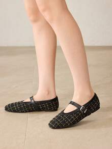 MOTF PREMIUM 女士通勤休闲舒适百搭玛丽珍方头平底鞋 - 黑色毛呢 - 查看 8